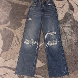 Zara Distressed Wide Leg Blue Jeans